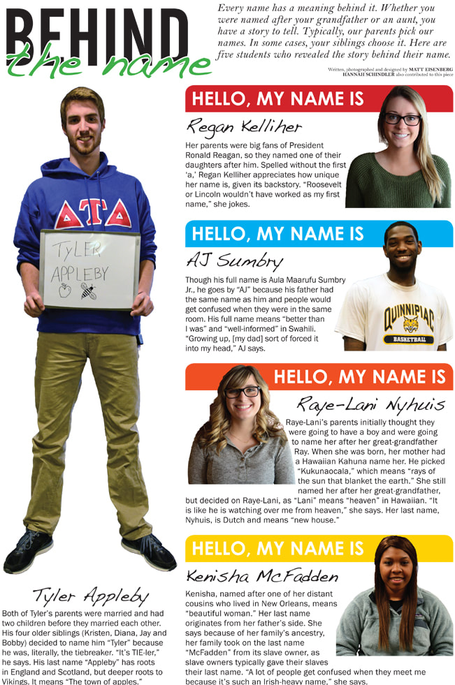 This newspaper design, "Behind the name," is a collection of anecdotes about Quinnipiac University students discussing the origins of their first and last names.