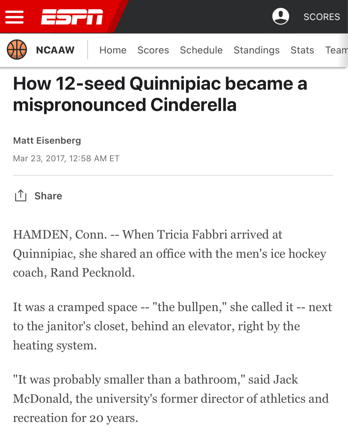 Article on ESPN titled "How Quinnipiac women's basketball became a mispronounced Cinderella"