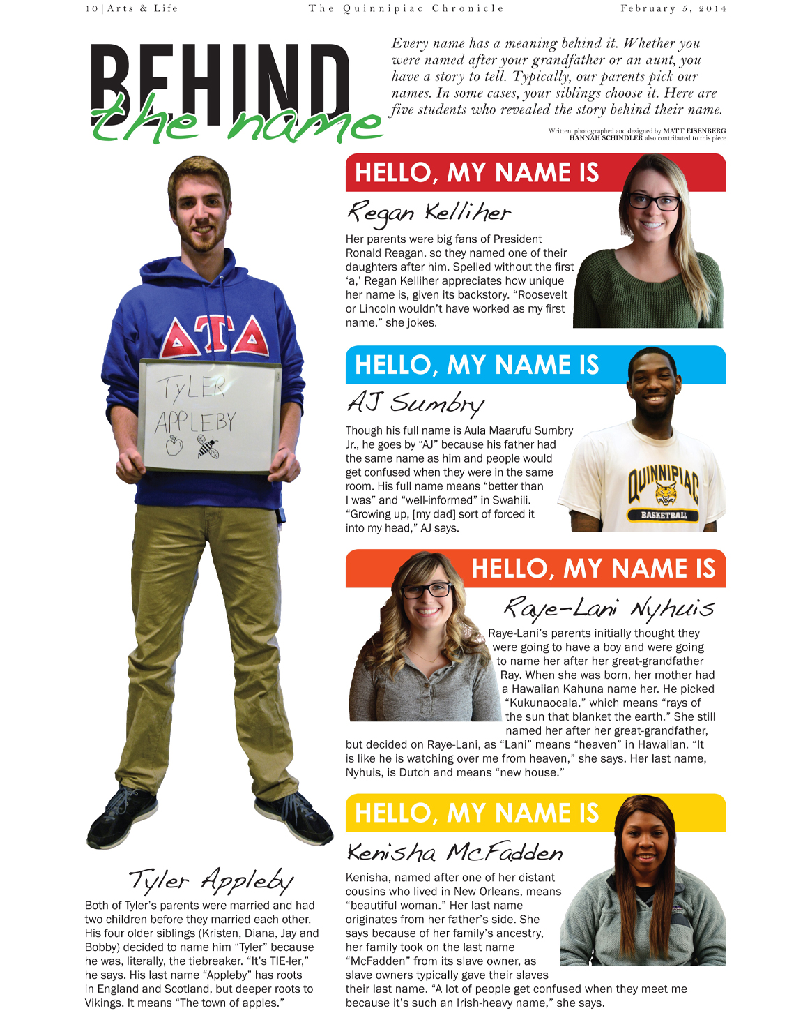 A newspaper design titled "Behind the name," featuring five people with name tags and a description of the origins of their names.